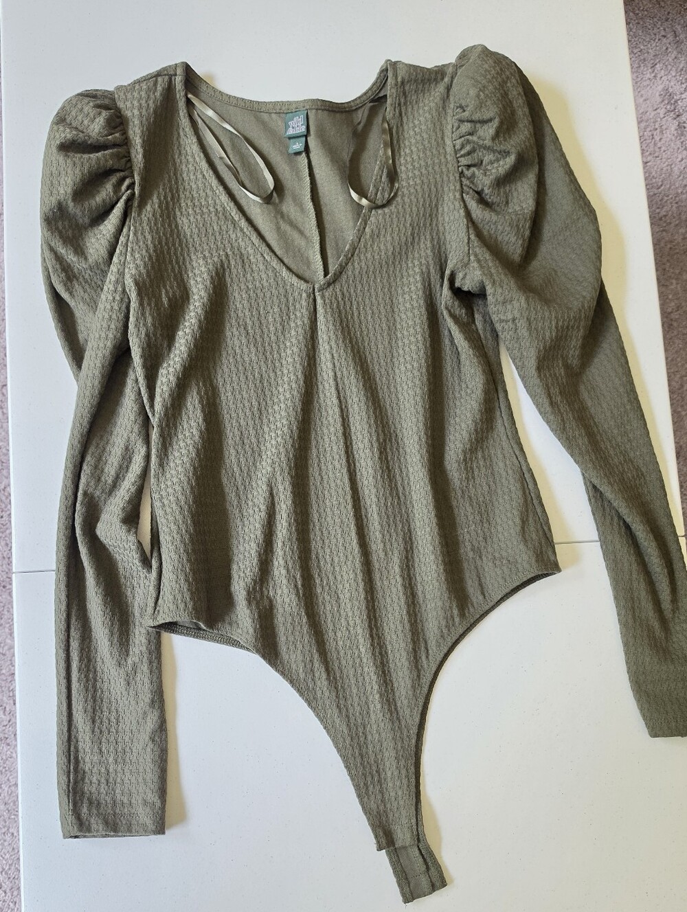 wild fable Olive Puff-Shoulder V-Neck Ribbed Bodysuit